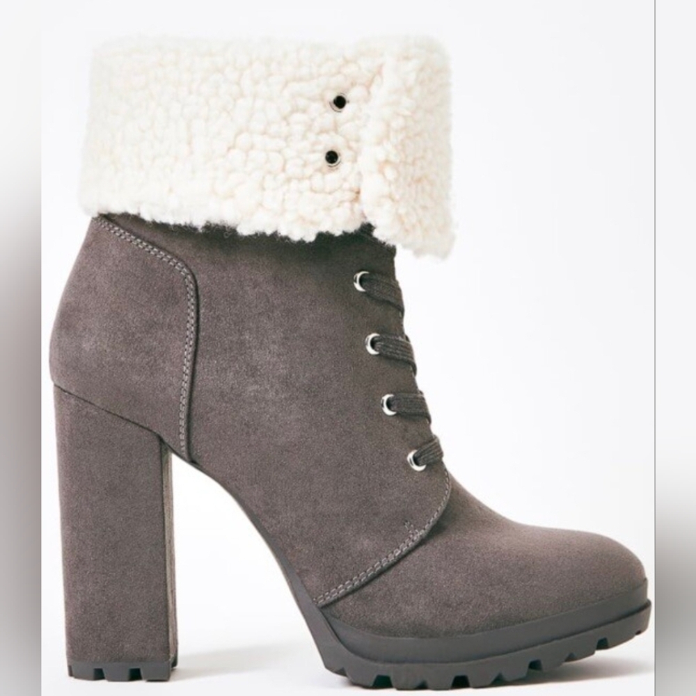Grey Suede-Style Lace-Up Heeled Boots with Faux Shearling Trim